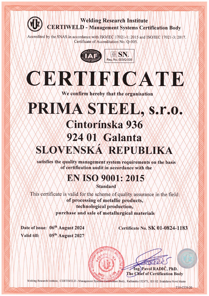 EN - ISO 2027 CERTIFIKÁT_EN ISO 9001_PRIMA STEEL, s.r.o.