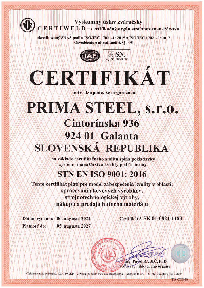 SK - ISO 2027 CERTIFIKÁT_EN ISO 9001_PRIMA STEEL, s.r.o.